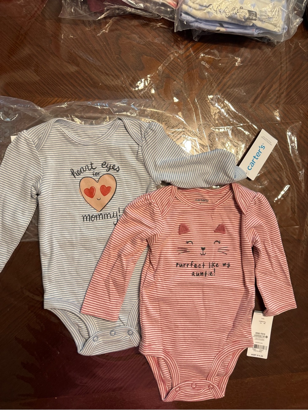 Carter's Blue & Pink Striped Long-Sleeve Baby One-Pieces with Heart and Kitty